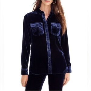 J. Crew Navy Blue Velvety Velour Button Up Pocket Chest Long Sleeve Shirt